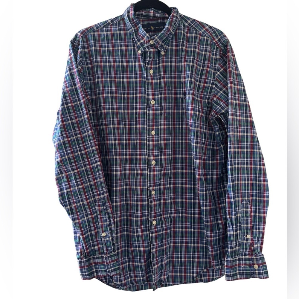 Ralph Lauren Shirt Mens Large Blue Plaid Flannel Button Down Cotton